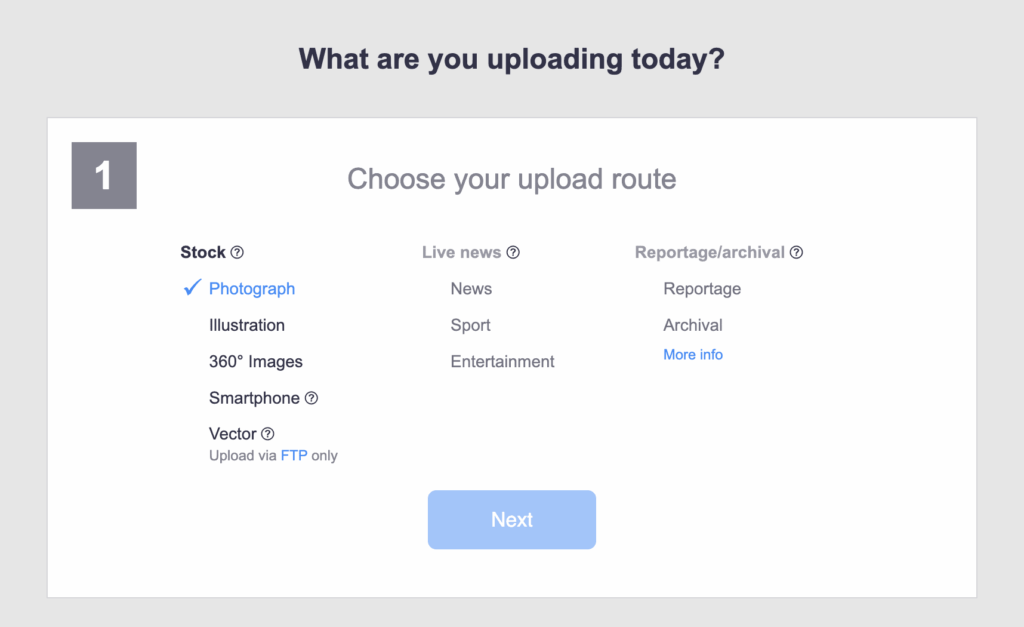 Alamy upload screen with Photograph selected under the Stock upload route