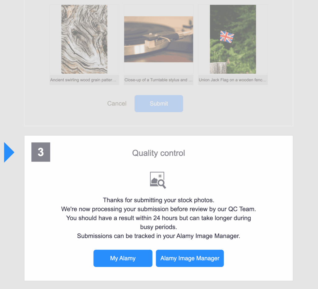 Three test images submitted to Alamy quality control, with a result promised within 24 hours.