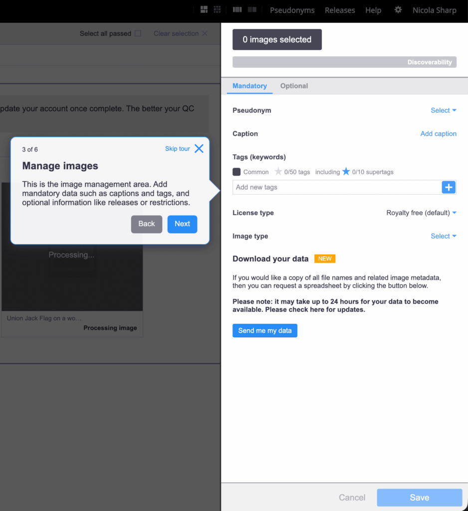 Alamy Image Manager Mandatory tab, with pseudonym, caption, tags, licence type and image type fields