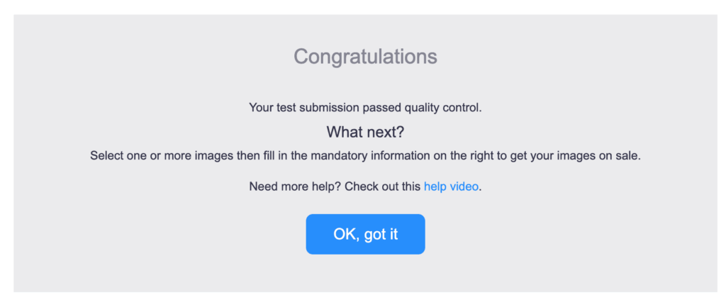 Alamy message confirming a test submission passed quality control, the last check to become an Alamy contributor